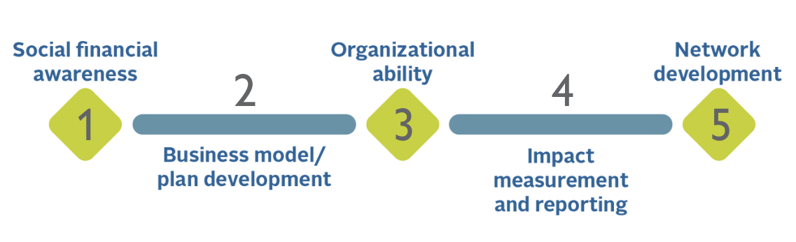 Illustration of the investment readiness continuum, which reads: 1. Social financial awareness; 2. Business model/plan development; 3. Organizational ability; 4. Impact measurement and reporting; 5. Network development