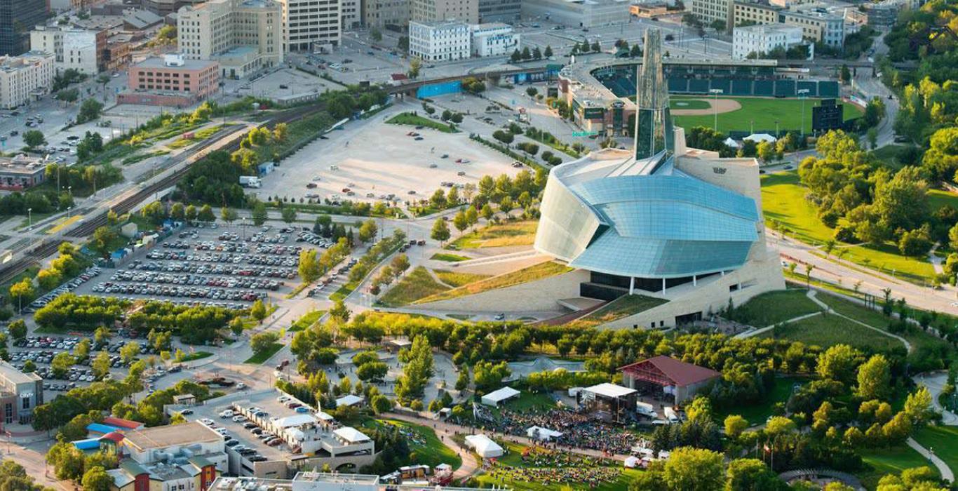 An aerial view of the Canadian Museum for Human Rights in summer time